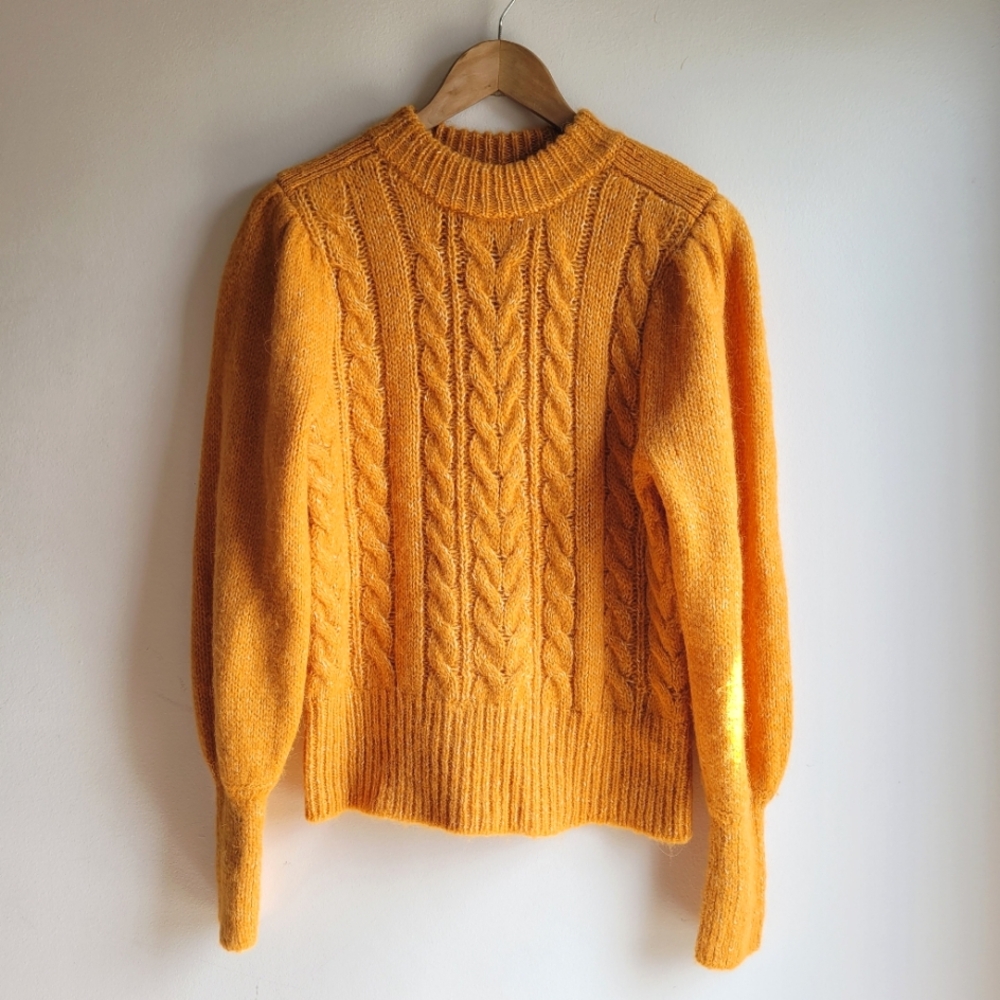 YAS Chunky Fisherman Mock Neck Wool Alpaca Cableknit Orange Sweater Small